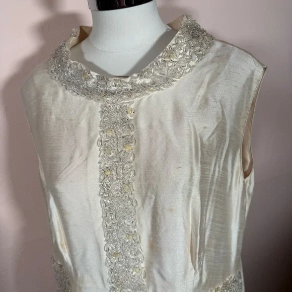 Art deco 1920 1940 Antique white beaded Sleeveless Formal midi flapper Dress - Picture 5 of 16